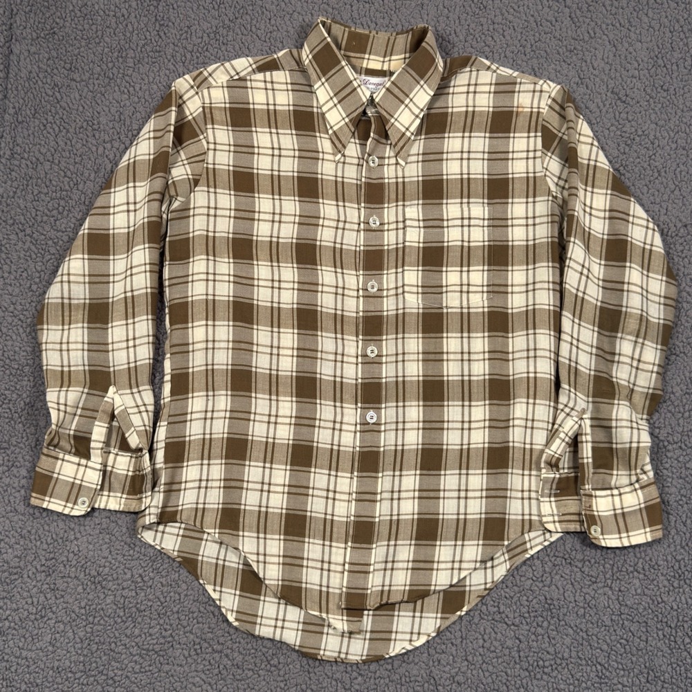 Vintage Donegal Never Press Shirt Brown Plaid Button Down Mens Large Spear Point